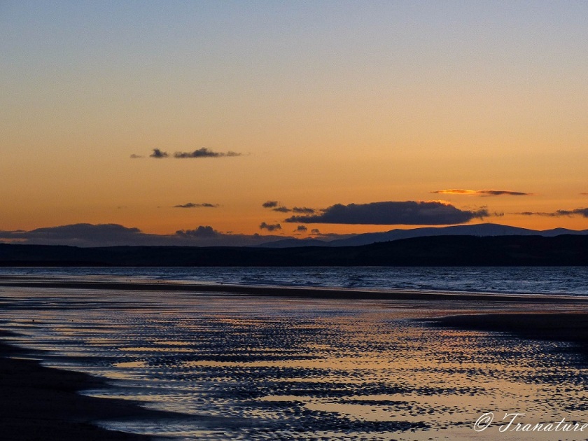 sunset over the Moray Firth with purples and orange colours reflected in the water
