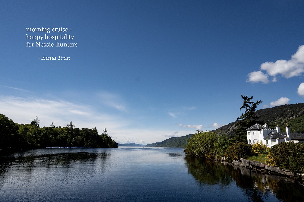 a haiku by Xenia Tran with an image of Loch Ness seen from the Caledonian Canal with Bona lighthouse